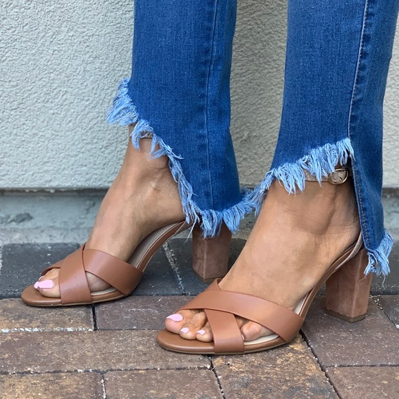 Cognac Ankle Strap Block Heel Leather Sandals - Picture 6 of 8